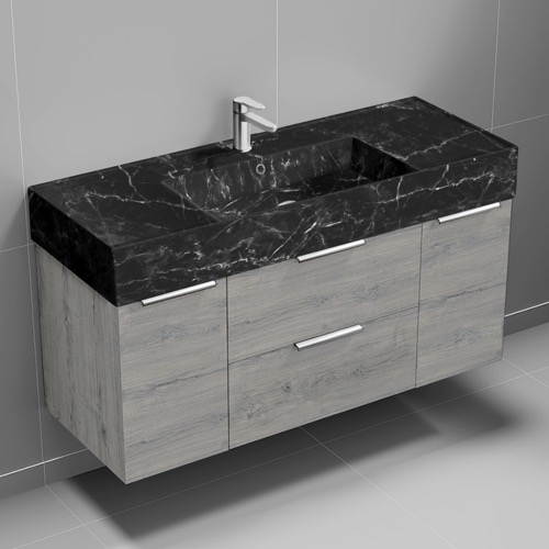 Nameeks DERIN986 Modern Bathroom Vanity With Black Marble Design Sink, Wall Mounted, 48 Inch, Grey Oak